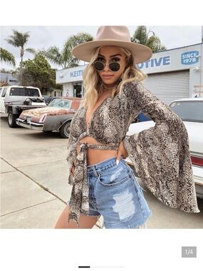 12th Tribe Snake-Print Tie Front Bell Sleeve Crop Top - Taupe